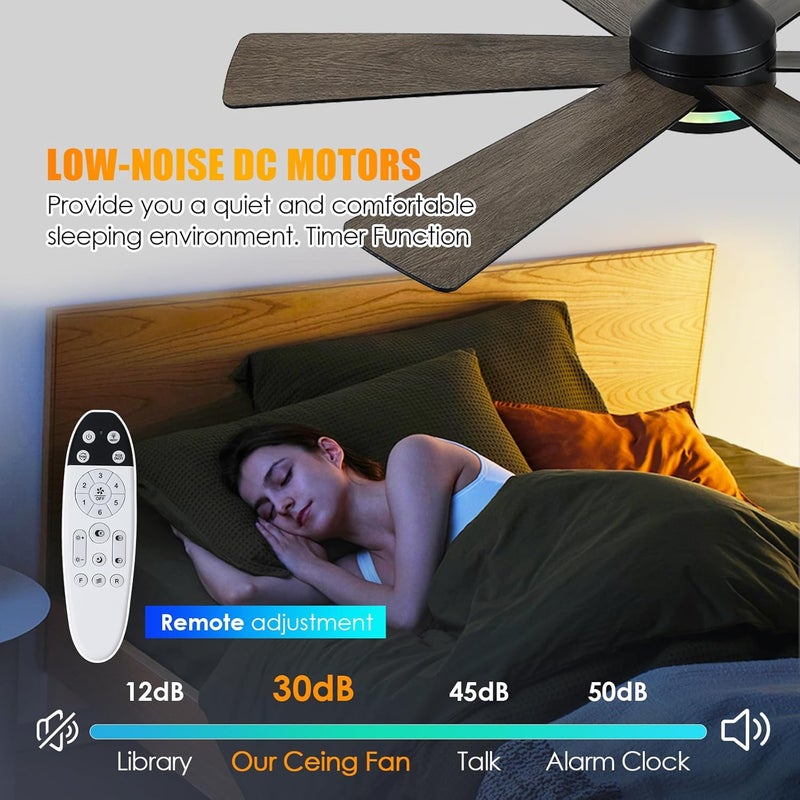 Asyko Black RGB Ceiling Fan with Light and Remote/APP Control - 46" Flush Mount Low Profile Fan Light, 6 Speeds 3CCT and Reversible, Indoor Ceiling Fan for Bedroom, Party - Image 3